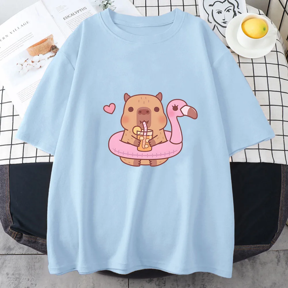 Women's Summer Capybara Bubble Tea Anime Print O-neck Cotton T-shirt
