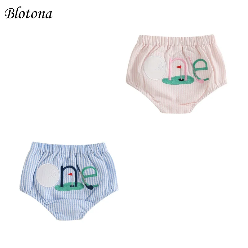 Blotona Infant Baby Summer Shorts Elastic Waist Golf Embroidery Stripe Print Birthday Short Pants PP Bloomer for Boys Girls