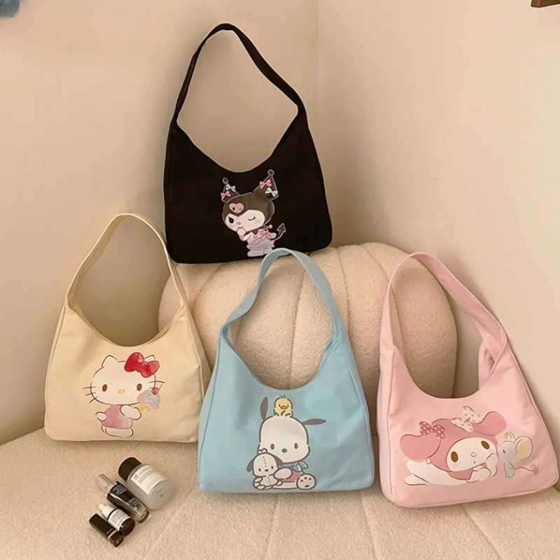 

New Sanrios Canvas Underarm Bag My Melody Kuromi Hellokittys Anime Kawaii Girls Cartoon Commuting Shopping Portable Storage Bag