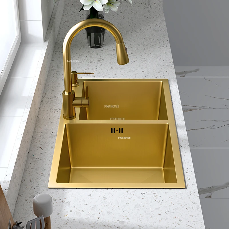 Light Luxury Kitchen Sinks Stainless Steel Home Kitchen Sink Creative Large Gold Nano Sink Handmade Double Accessories