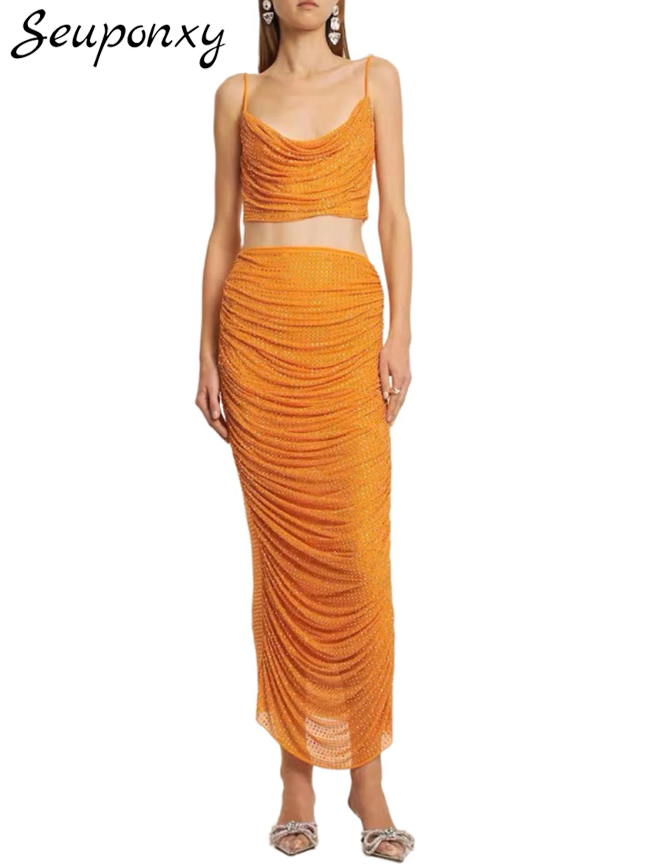 

High Quality Women'S Fashion Luxury Diamond Party Two-Piece Set Sexy Sleeveless Suspender Short Top+Pleated Long Skirt Club Set