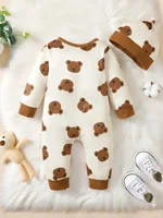 Winter Newborn Infant Baby Boys Romper Bear Print Long Sleeve Button Up Front Rompers Kids Onepiece Soft Fashion Baby  Clothing 6