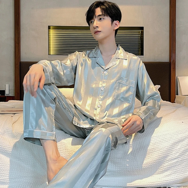 Spring Autumn Men's Thin Ice Silk Pajamas Lapel Long Sleeve Cardigan Oversized Loose Jacquard Home Clothing Set Luxury Sleepwear