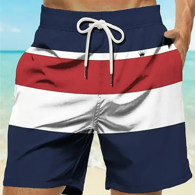 Men's Striped 3D Printed Swim Shorts Crown Logo Design Elastic Waistband Hawaiian Style Beach and Vacation Summer 2024 5