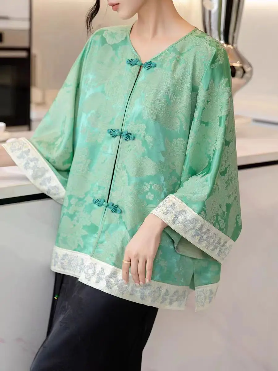 Chinese Style O-Neck Jacquard Casual Loose Bat Sleeve Shirt for Women Contrast Color Spliced Cuffs Jacket S-XXL