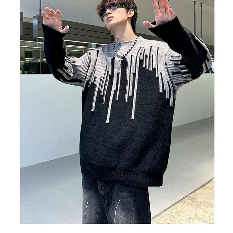 

French retro stripe design sense niche splicing wool round neck sweater men and women winter tide brand loose sweater