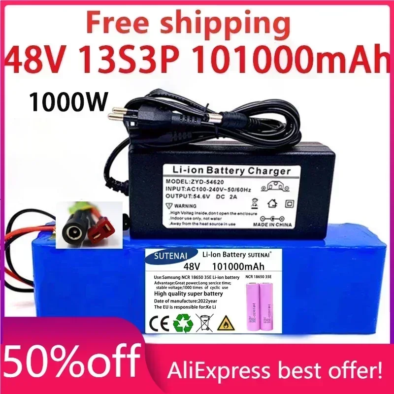 

48V101000mAh 1000w 13S3P XT60 48V Lithium ion Battery Pack 99999mah For 54.6v E-bike Electric bicycle Scooter with BMS+charger