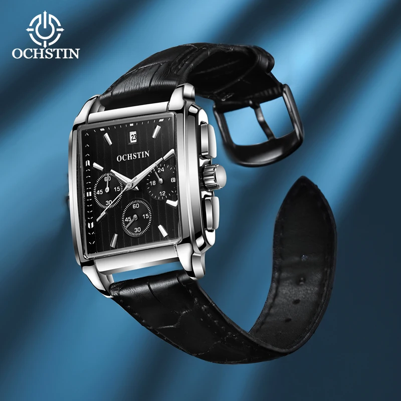 OCHSTIN Prominente Series Luxury Trend Multi-functional Calendar Men's Quartz Watch Luminous Square Dial Leather Strap