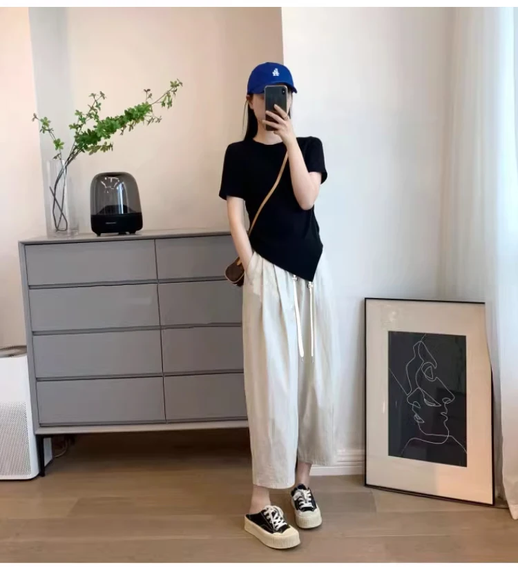 M-3XL Maternity Summer Trousers Solid Color Drawstring Waist Ankle-length Pants Loose Casual Pregnant Woman Capris with Pockets 4