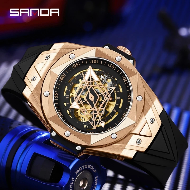 

SANDA Fashion Rose Gold Case Cool Dial Automatic Mechanical Watch Real Men's Watch Luminous 50M Waterproof Fashion Watch 7014