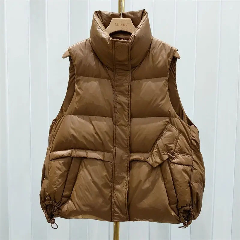 

2023 New Winter Women Korean Style Sleeveless Loose Coat White Duck Down Vest Casual Warm Short Waistcoat Female Fashion J11