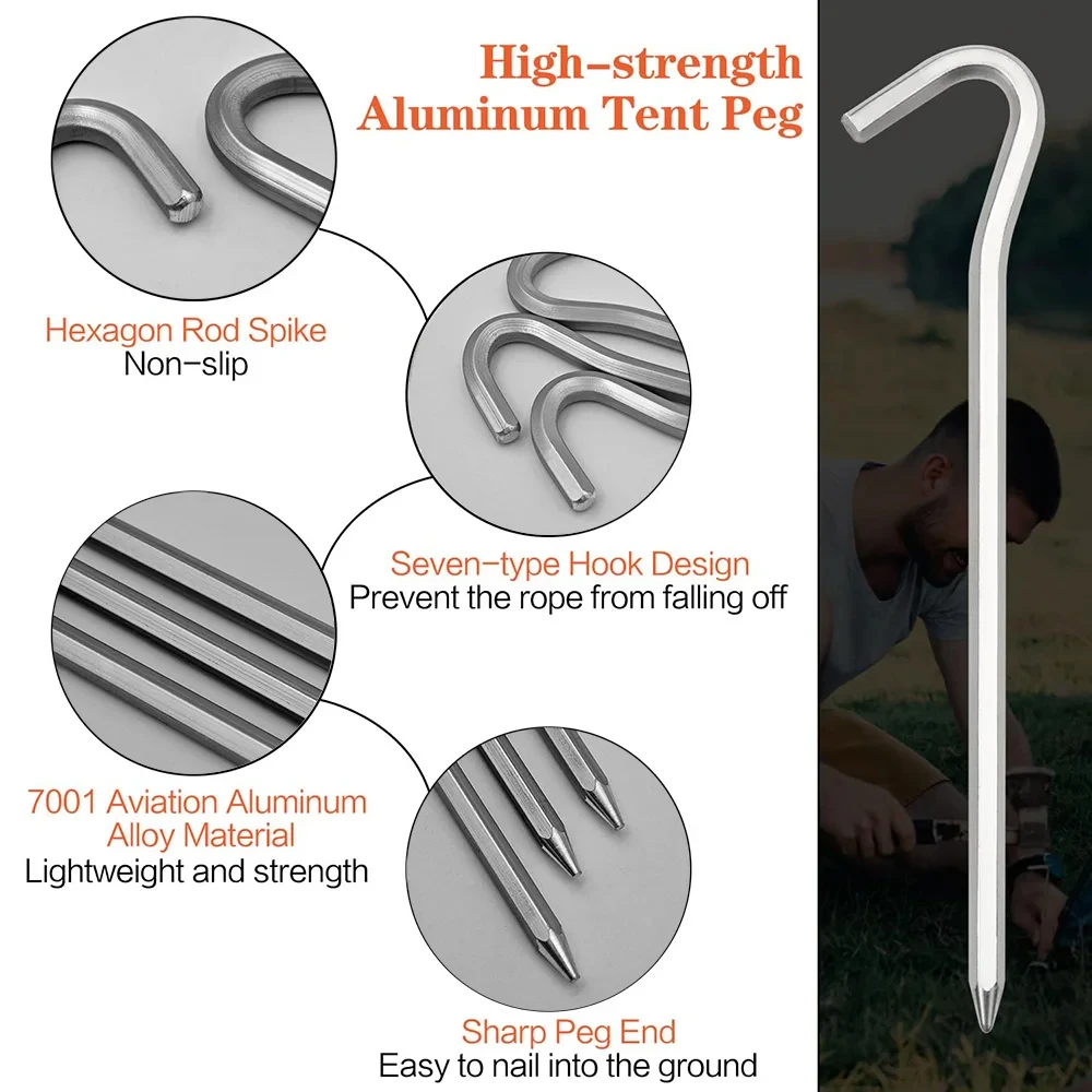 Aluminum Tent Stakes Pegs with Hooks 10pcs Outdoor Travel Camping Tarp Stakes Ground Hard and Light Tent Peg Awning tent pegs