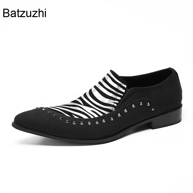 Batzuzhi New Design Shoes Men Black Zebra-stripe Leather Dress Shoes Men Slip on Formal Business, Party Shoes Man,Big Size 37-47