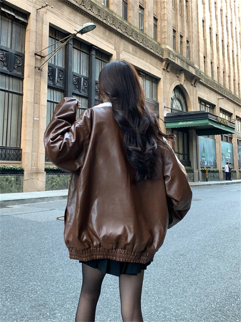 American retro rabbit plush PU leather jacket for women in 2024 winter  style luxurious loose plush warm jacket jacket jacket WL