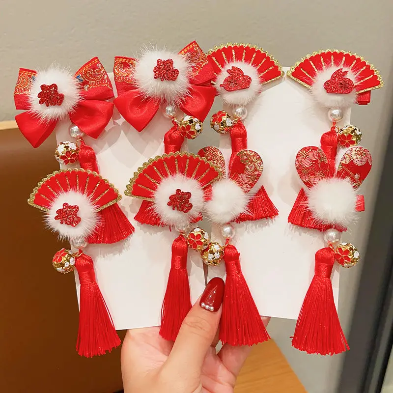 

Chinese New Year Red Hairclip Tang Costume Headwear Girl‘s Chinese Ancient Style Hairclip Jewelry For Baby Tassel Hairpin