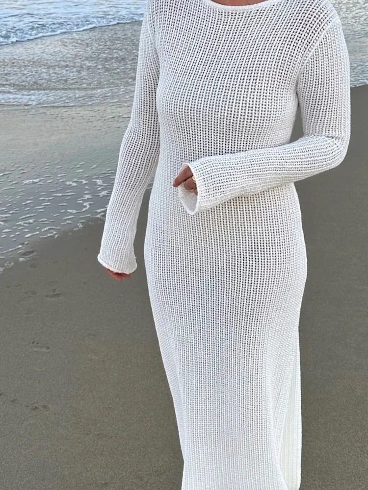 [RECTO] SUMMER NIGHT LONG KNIT DRESS ☆送料込☆ Summer Knitted Hollow Out Long Dress for Women White See