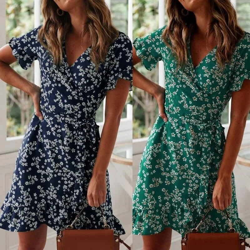 

Boho Floral Print Ruffles Women Dress Summer Sexy V Neck Short Sleeve A Line Chiffon Mini Dresses Beach Vacation Sundress