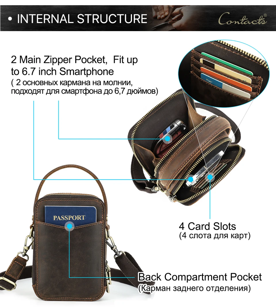 CONTACT'S männer Tasche Designer Echtes Leder Männer Kleine Schulter Tasche Vintage Umhängetasche Messenger Männlichen Geldbörse Telefon Taschen Handtasche – Detail 7