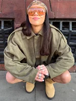 Spring Women's Green Suede Short Jacket Loose Lapel Zipper Long Sleeve Bomber Coat Female 2025 New Lady High Street Outwears 1