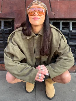 Spring Women's Green Suede Short Jacket Loose Lapel Zipper Long Sleeve Bomber Coat Female 2025 New Lady High Street Outwears 1