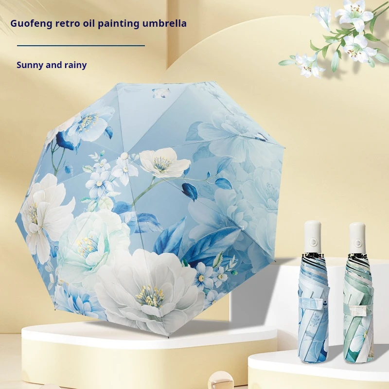 자외선 차단 투명 삼중 접이식 우산, 중국 스타일 모란 자외선 차단 우산, 검은 접착제