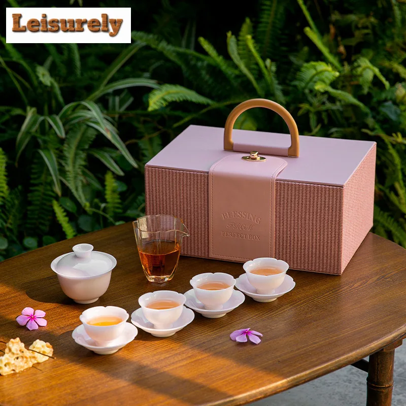 White Fair Jade Porcelain Tea Set Complete Set Luxury Tea Ceremony Set Household Tea Brewing Teapot and Tea Cup Set for Tea Gift