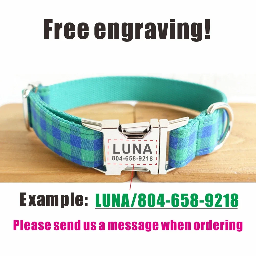 Personalized Pet Collar Free Engraving Puppy Nameplate ID Tag dog collar pet leash set Adjustable Buckle Green Blue Suit Plaid Collars Leash