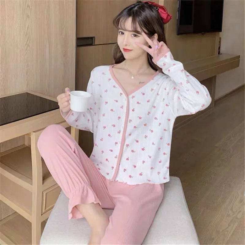 V-neck Ruffled Trousers Pajamas Women Spring Autumn New Long-sleeved Small Floral Sweet Two-piece Suit Home Clothes Worn Outside ladies velvet comfort and warmth pajamas long sleeved two piece suit autumn and winter thickening v neck loose home jjf0057