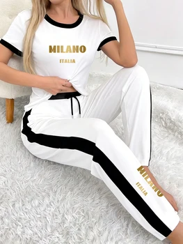 Stampe personalizzate, design a colori contrastanti, completi da donna, top a maniche corte e pantaloni per la primavera e l'estate, completi sportivi casual a due pezzi per donna, adatti per il pendolarismo quotidiano