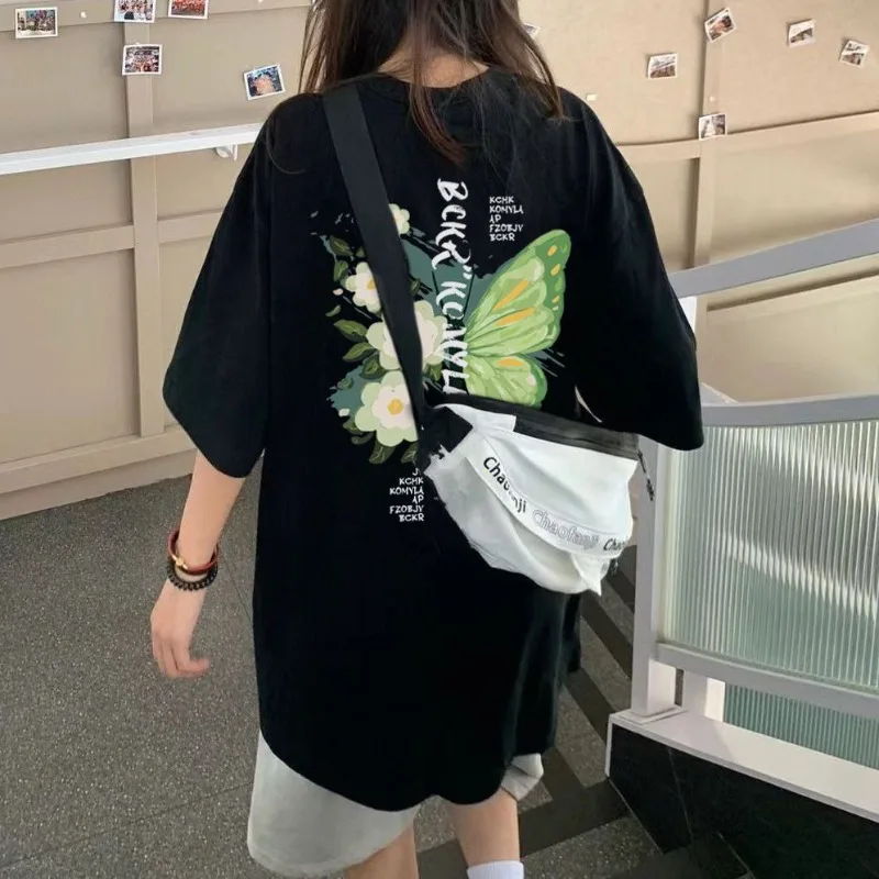 

DAYIFUN-Women's Short Sleeved Cotton Print Design T-Shirts Round Neck Tees Casual Tops Summer Black White Female Tees New 2024