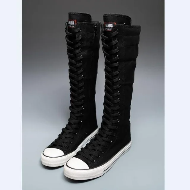 2025 New High Top Canvas Shoes for Women's Korean Edition Long Boot Lace-Up Zipper Comfortable Boot Zapatos De Mujer Tendencia 3