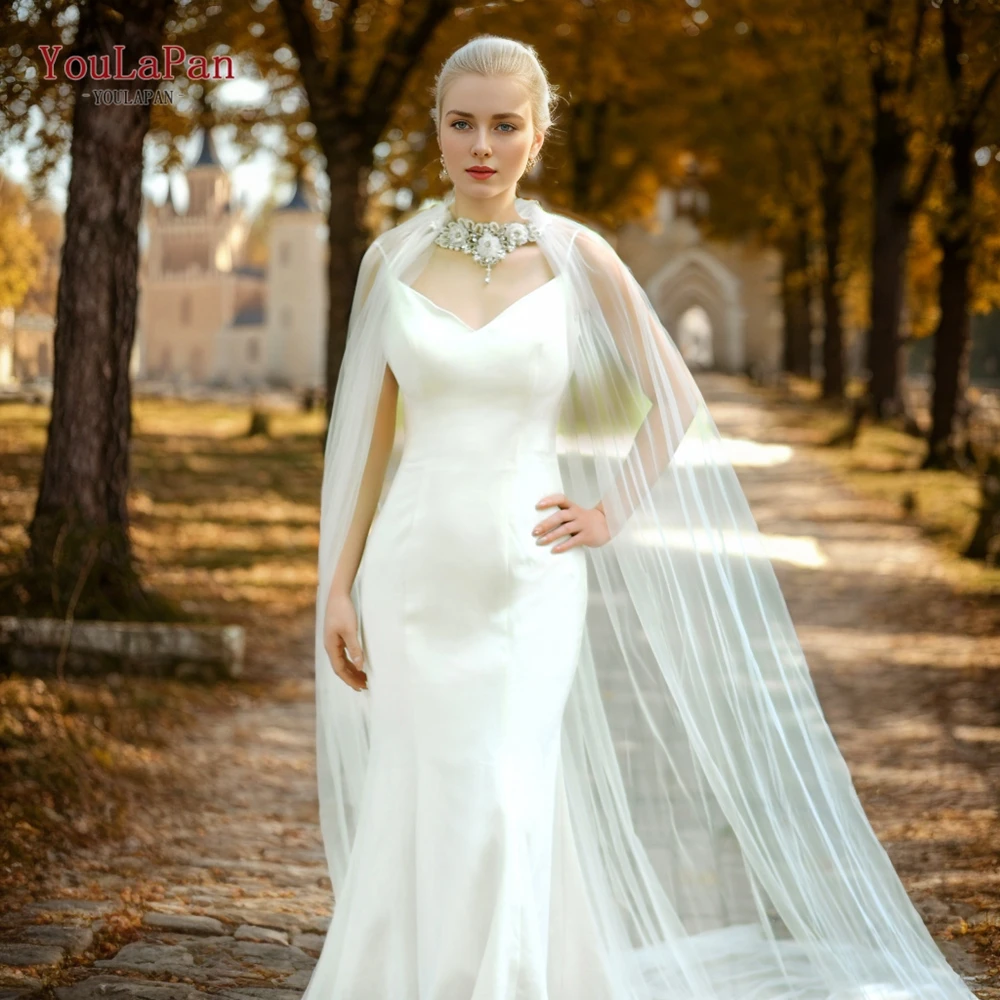 YouLaPan G20 Wedding Cape Jacket Long Flowers Appilqued Bolero with Pearls Rhinestone Long Bridal Shawl Tulle Dress Cape