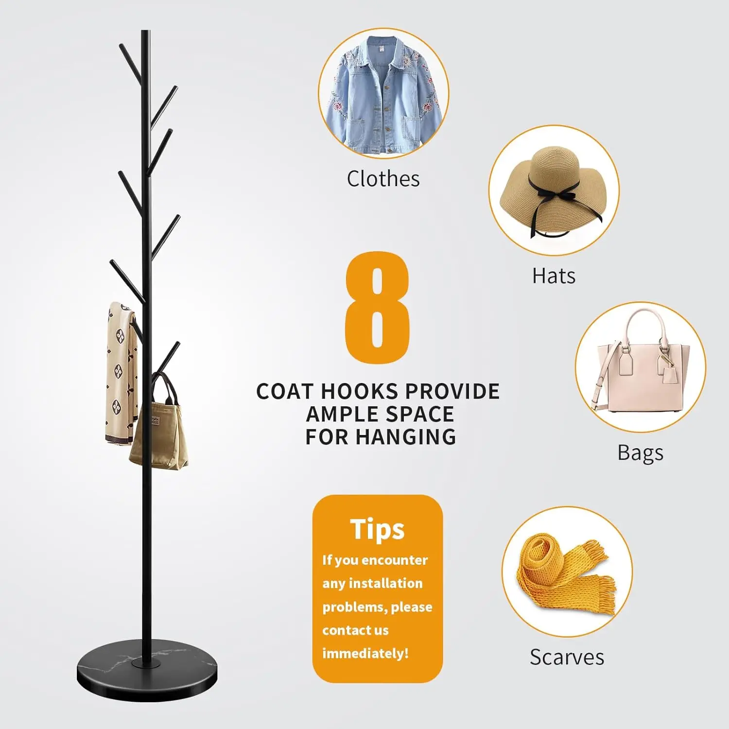 Metal Coat Rack Stand with Natural Marble Base,Coat Rack Freestanding,Easy to Assemble and Sturdy Bionic Hall Tree with 8 Hooks