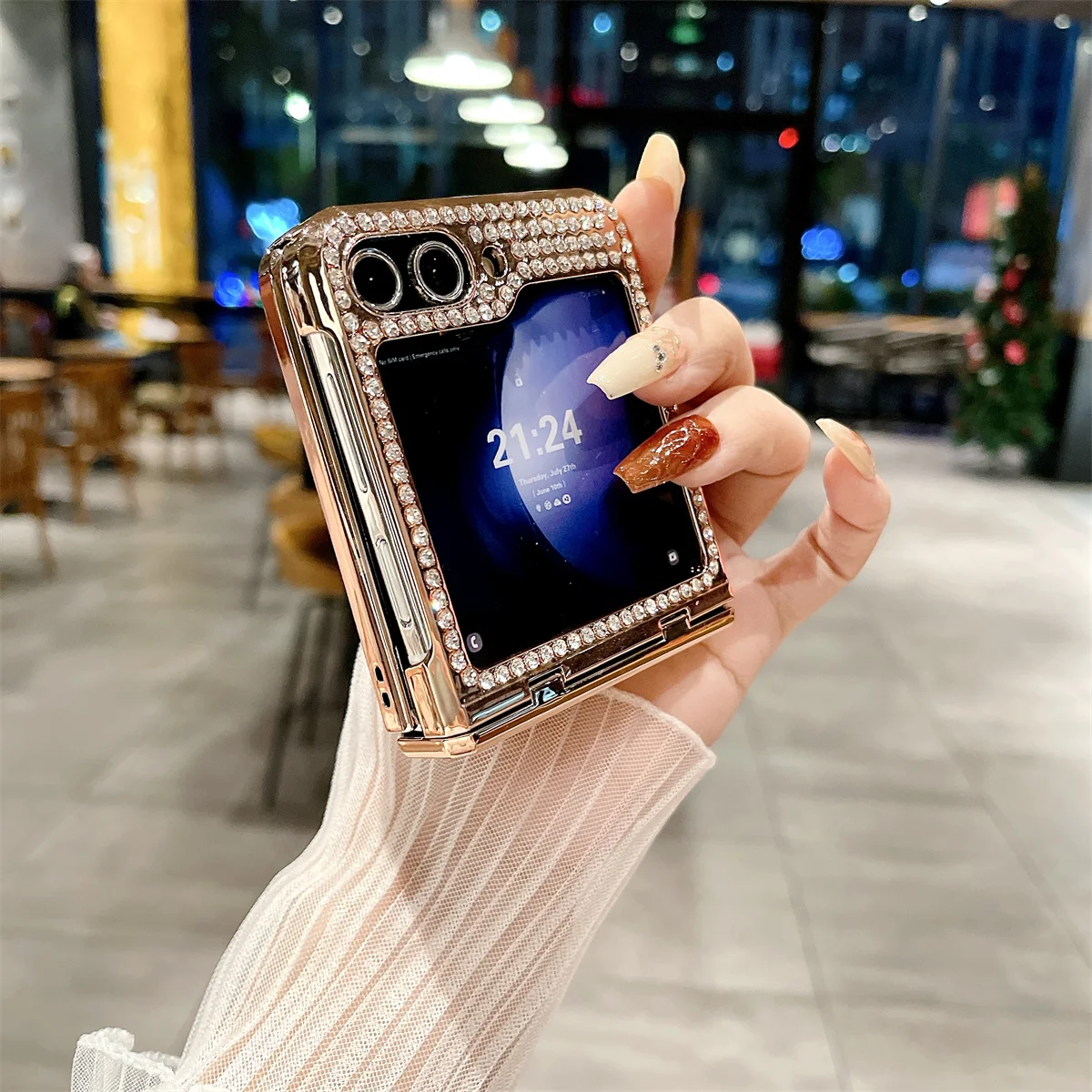 Coque de téléphone Samsung Galaxy Z Flip 5 4 3 5G, garniture en cuir Pu scintillante avec strass, charnière plaquée, couverture arrière en plastique_voghion.com