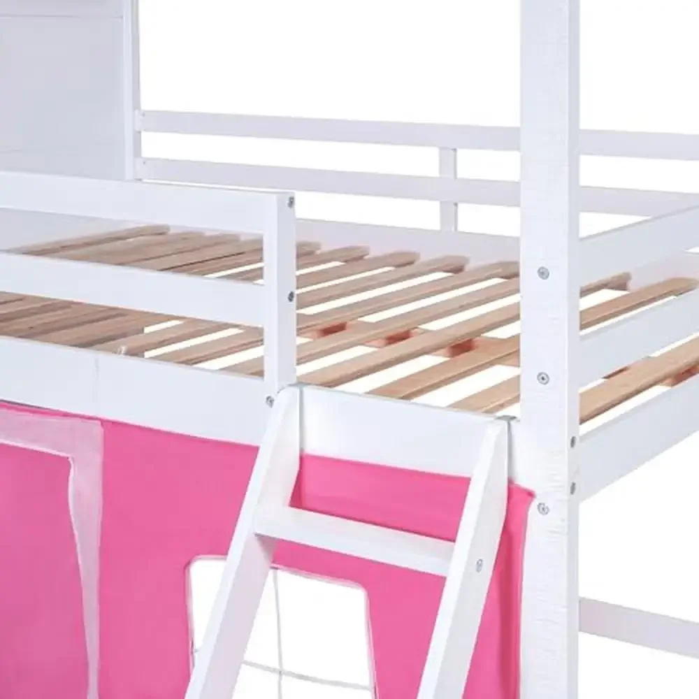Kids Loft Bunk Bed House Twin with Tent Ladders Guardrail Windows Playhouse Wood Twin Over Twin Loft Bed Creative Design Storage 4