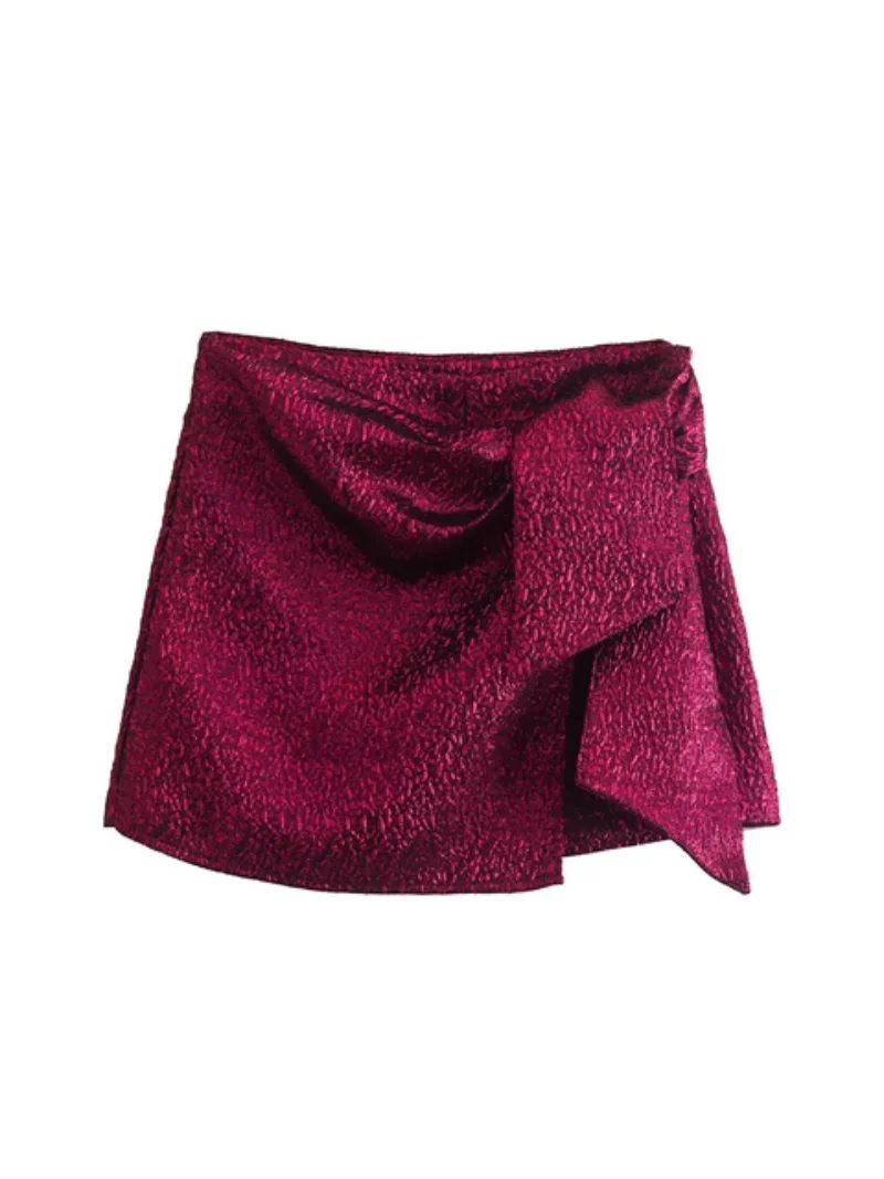 2023 New Spring Women Shorts Skirts Traf Bow Tied Shiny High Waist Zipper Side Wrap Skorts Vintage Female Short Pants Y2K