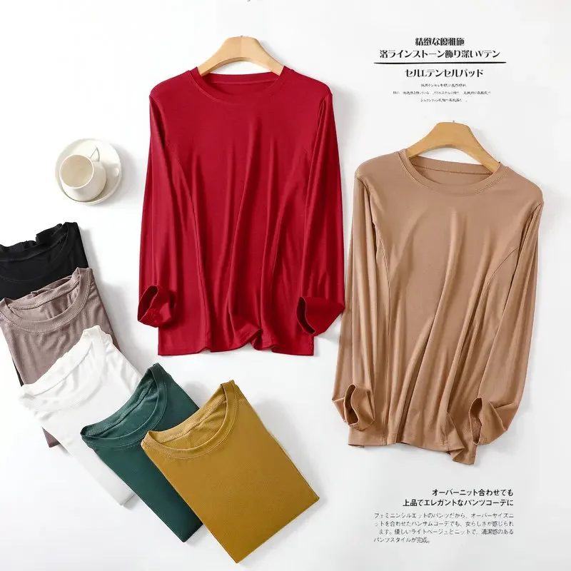 

2023 Cotton Long Sleeved T-shirt Women's Thread Round Neck Splicing Solid Color Bottoming Tshirt Thin Loose Ladies Tops