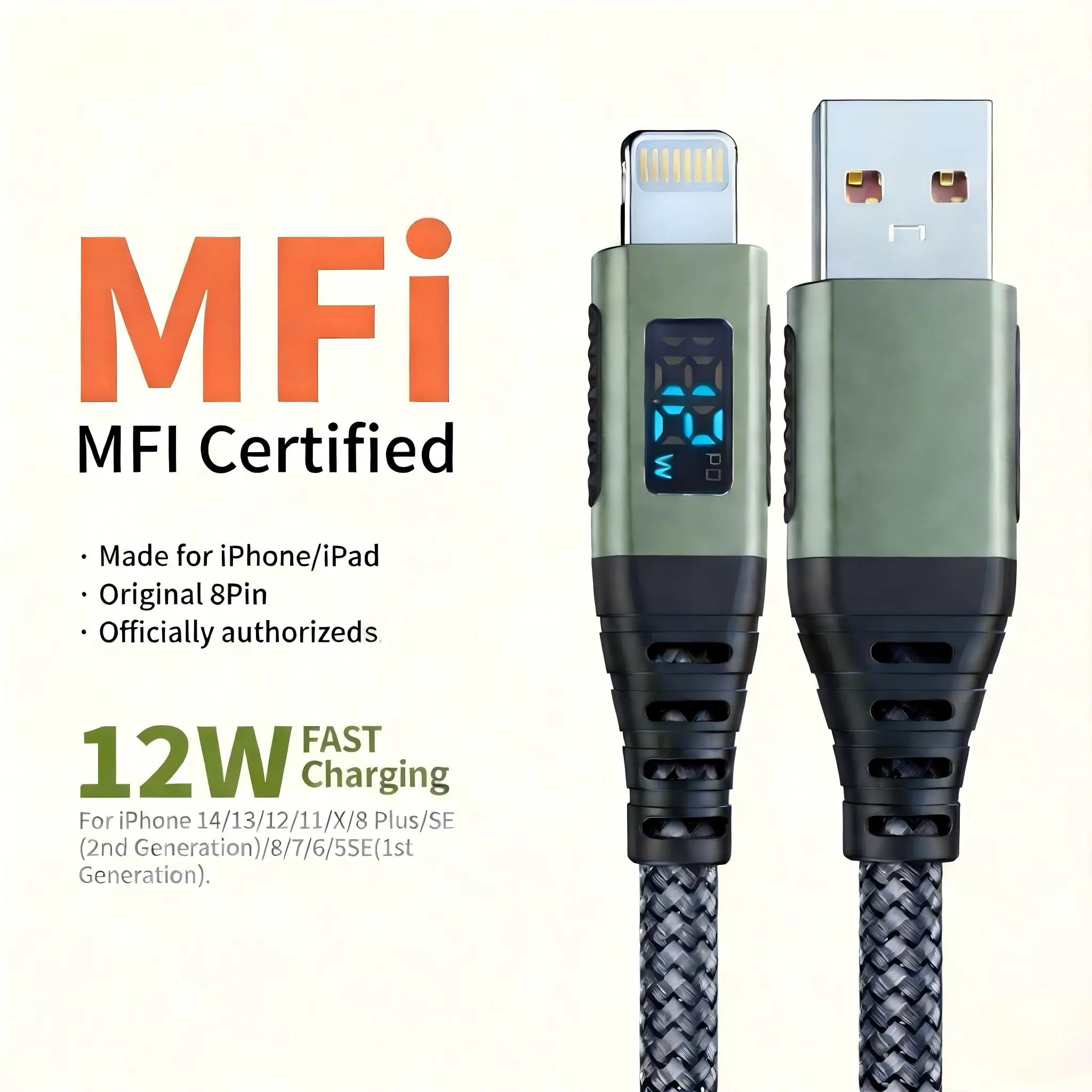 Premium MFi Certified Lightning Charger Cable - Fast 2.4A Charging with Extended Length