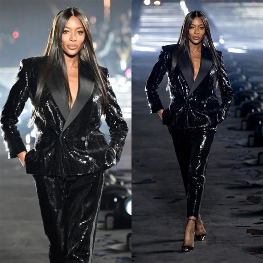 

Shining Sequin Women Suits Office Sets 2 Pcs Blazer+Pants Double Breasted Formal Red Carpet Prom Evening Dress Custom Made