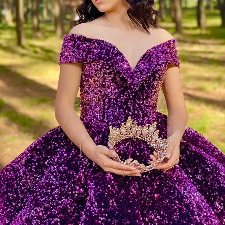 Off-Shoulder Ball Gown Quinceanera Dresses Vestidos De 15 Anos Sparkly Sequined Princess Birthday Party Gowns Customized Bomaris quinceanera dresses