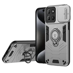 Luxury Armor Shockproof Phone Case with Slide Lens Cover and Magnet Car Holder Ring for Moto G15 Power (Gray)