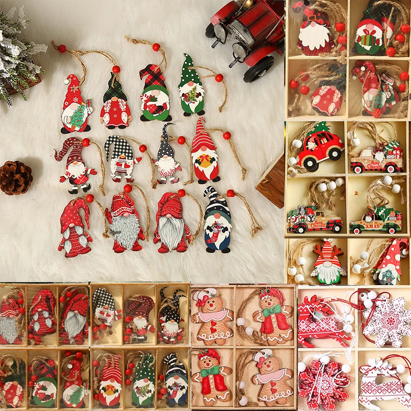 Christmas Decorations 9/12pcs Christmas Dwarf Wooden Pendant Christmas Tree Hanging Ornaments New Year Gift Decorations Noel Home Decor