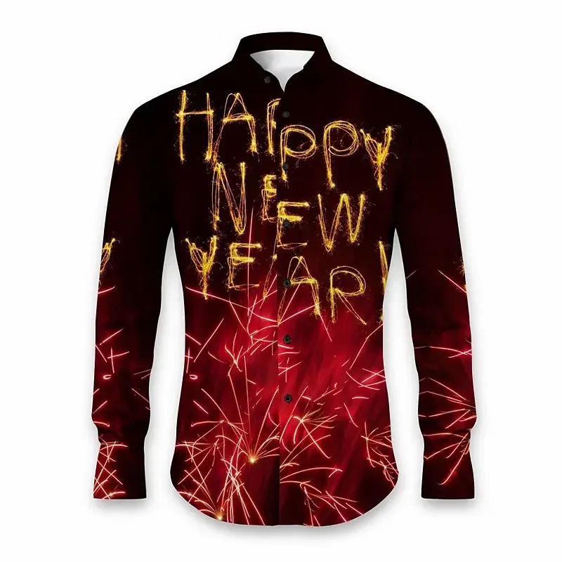 

2024 Happy New Year Christmas New Year Wishes Men's Long Sleeve Shirt Comfortable High-End Cardigan Top Casual Men's Shirt