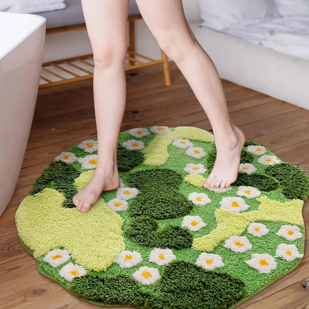 Moss Bath Mat Green Bathroom Rug with Small White Flowers Non Slip Door Mat for Bedroom and Kitchen Soft Washable Rug Floral Na