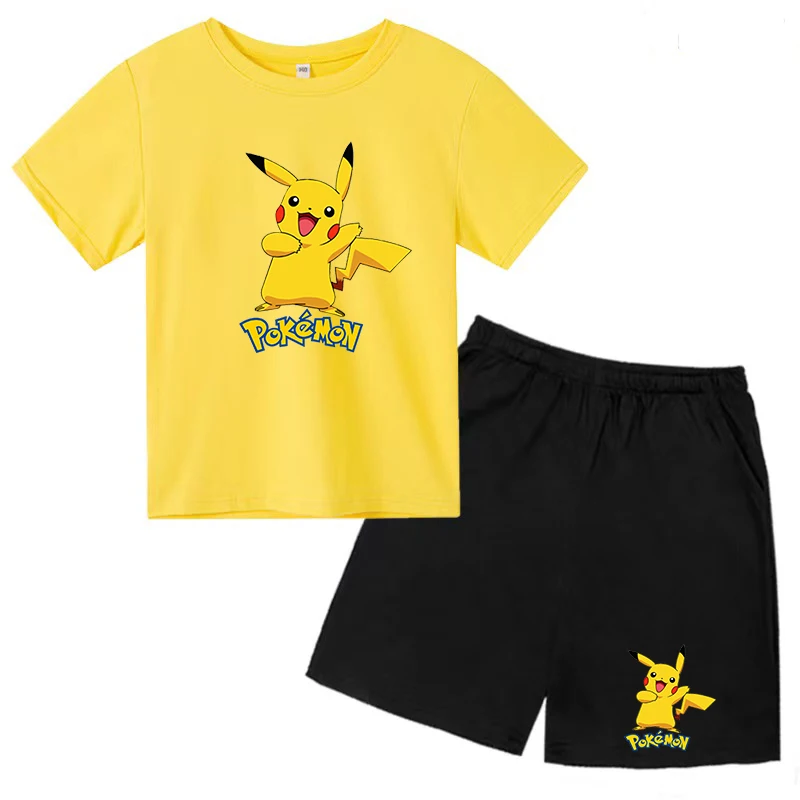 

Kids T-shirt Pokémon Summer Japan Anime Pikachu Boy/girl Top Fashion Shorts 2P Birthday Gift Casual Charming Sunshine Kawaii Set