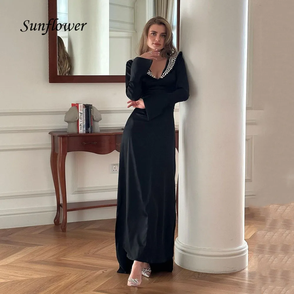 

Sunflower Black Beading V-Neck Crepe Mermaid Evening Dresses Saudi Arabia 2023 Slim Long Sleeves Floor-Length Party Gowns