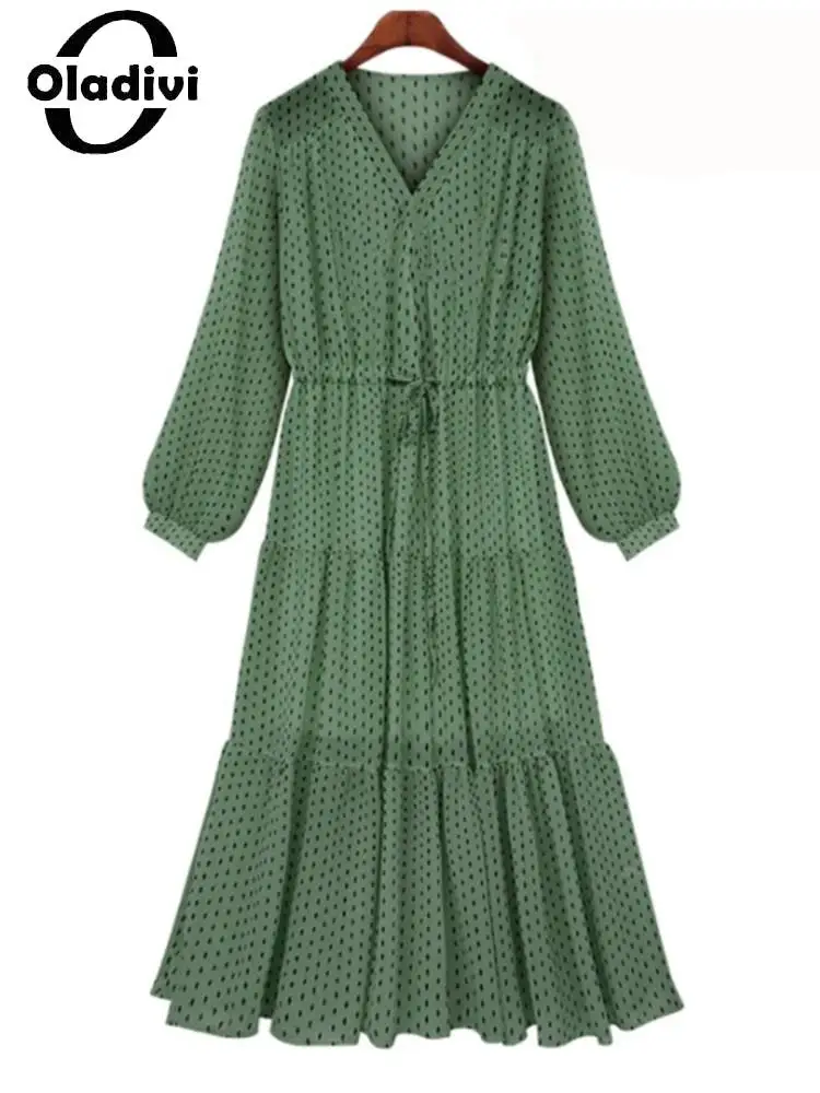 

Oladivi XL-5XL Polk Dot Print Dress Fashion Women Big Size Clothing Spring Autumn Long Sleeve Midi Dresses Female Vestidios 966