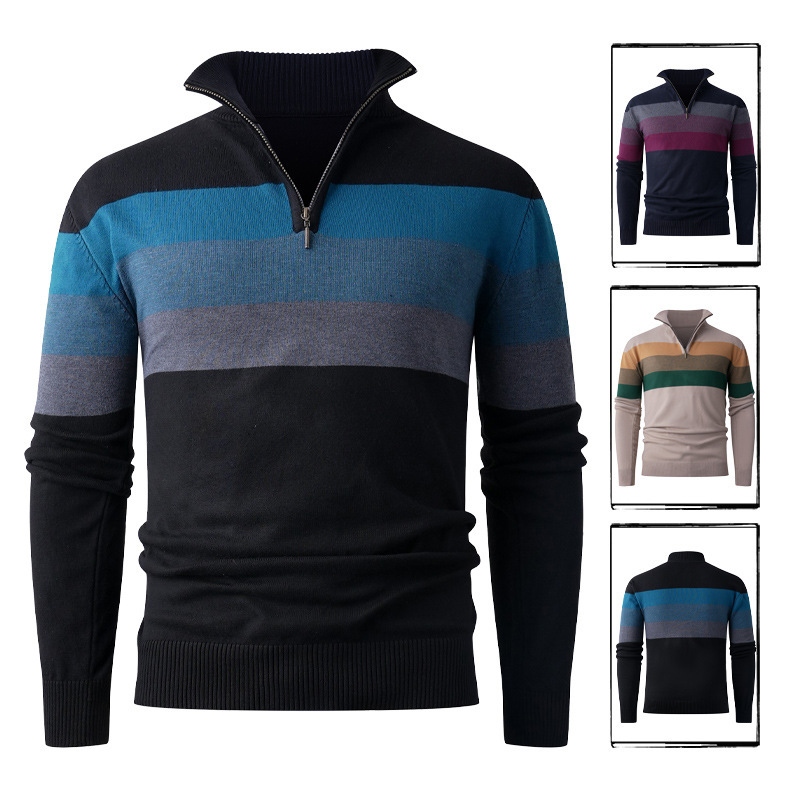 Casual Men's Knitted Pullover Sweater Half Zipper Stand Collar Autumn Winter Fashion Urban Style Long Sleeve Polyester Fiber