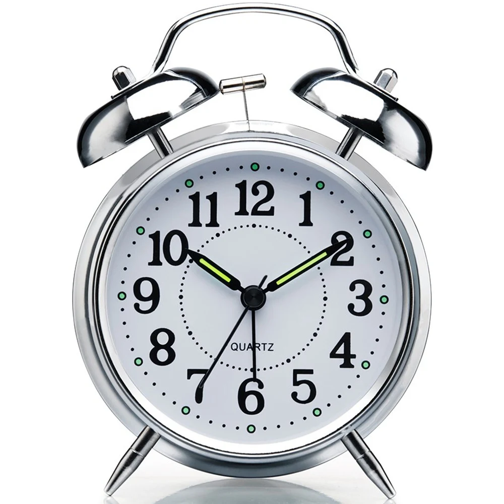 

Нетикающий 4-дюймовый будильник с двойным колокольчиком, металлическая рамка, 3D циферблат с функцией подсветки, настольные часы для дома и офиса