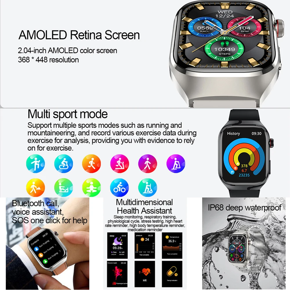 ECG+PPG Bluetooth call AMOLED full touch screen smart watch men's women watch sport heart rate fitness waterproof 2.04"368*448 4